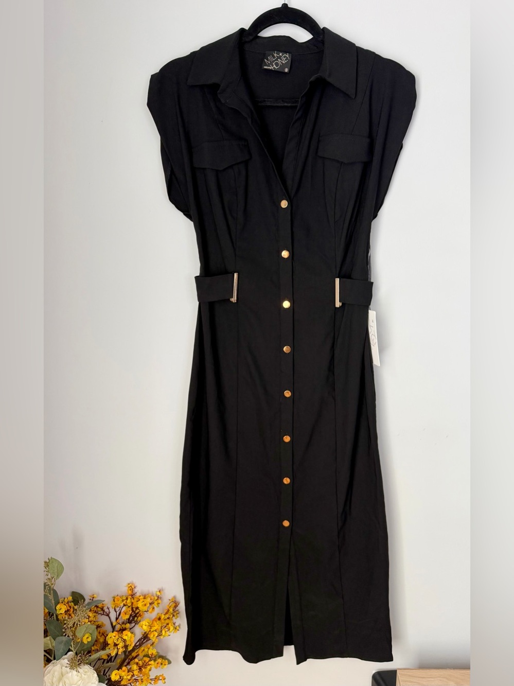 Milk & Honey Black Midi Dress with Gold-Tone Buttons